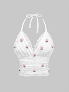 ROMWE Kawaii Cute 3D Floral Women's Knit Sweater, Spring Vacation Outfits - White - View 1