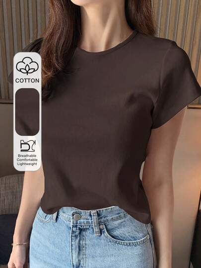 DAZY T-shirt basic da donna a girocollo, a tinta unita bianca con maniche corte, adatta per primavera/estate, stile casual business