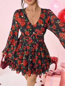 Elenzga Plus Size Women's New Arrival Vintage Floral Rose Print V-Neck Long Sleeve Ruched Waist Fit & Flare Dress, Elegant For Dates, Parties, Gatherings, Business, Vacation,  Day, Christmas, Spring - Red - View 7