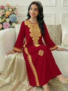 Tween Girls Cute, Elegant, Vintage Distinctive Burgundy Dress With Golden Lace Print, Suitable For Spring/Summer, Festive Occasions - Multicolor - View 2