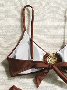 Swim Chiccia 女士春假海滩度假性感金属装饰全素食高切褶皱细肩带比基尼套装，女士夏季泳衣 - 巧克力棕 - 查看 5