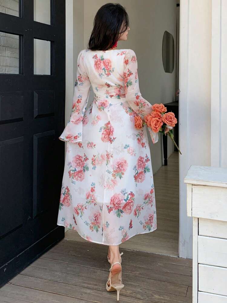 Women's Elegant Floral V-Neck Flare Sleeve Mid-Length Dress, Spring/Summer Dress Sundress Boho