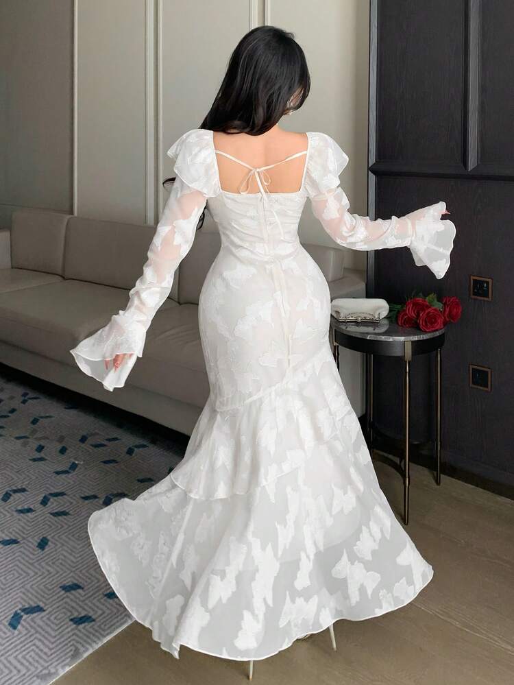 Women's Elegant Floral Print Ruffle Trim Square Neck Flare Sleeve Mid-Length Dress, Spring/Summer Wedding Guest Dress Sundress