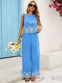 Vivid Eden Damen Blumen Stickerei Rundhals Trägerhemd und weite Hose Lässig 2-teiliges Set - Blau - Übersicht 6