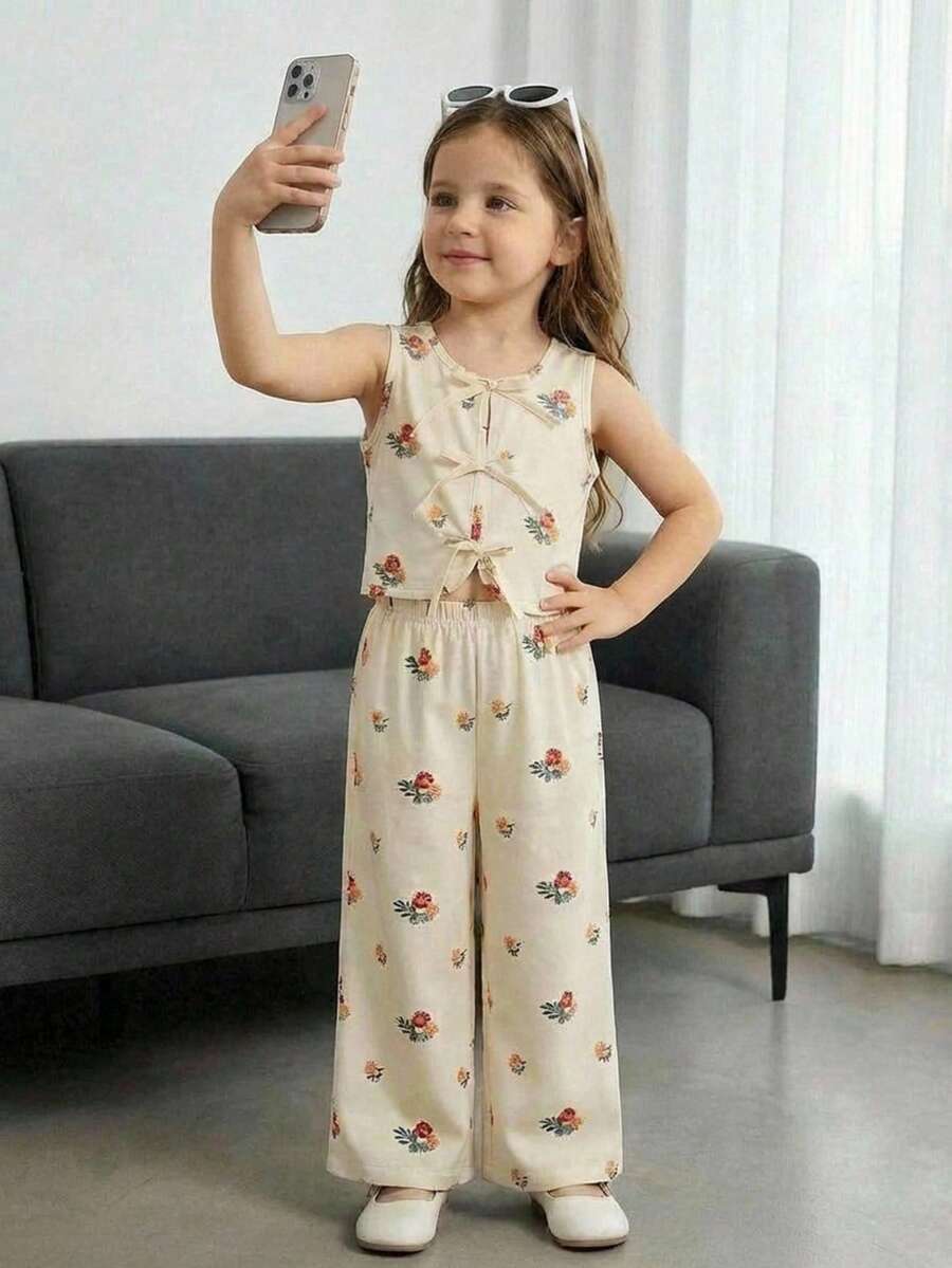 SHEIN 两件套女童碎花印花无袖上衣和九分裤套装