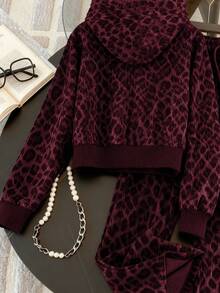 Resyla 2pcs Leopard Print Casual Hooded Zip-Up Sweatshirt Set, Gift For Friends - Burgundy - View 2
