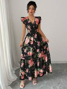 Rafferiza Women's Floral Print Shirred Cap Sleeve Waist Tie Elegant Dress - Black - View 5