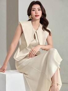 DAZY 女士优雅纯色翻领马甲半裙两件套，春夏婚礼宾客礼服 - 杏色 - 查看 1
