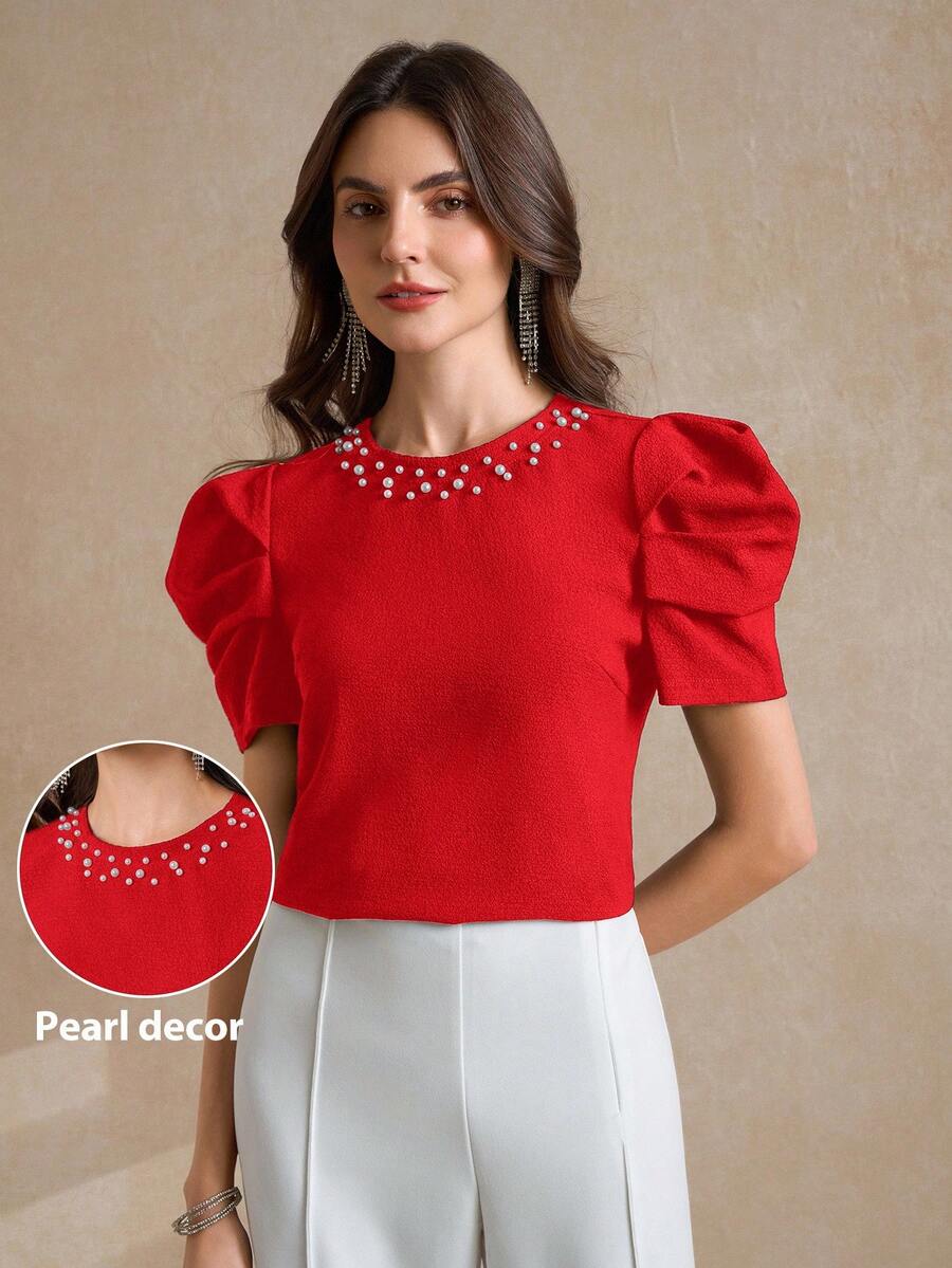 Amorya Women's Round Neck Short Sleeve Knit Gigot Sleeve Beaded Pearl Decor Slim Fit Elegant Casual T-Shirt, Spring/Summer Beaded Tops Tops For Women Elegant Puff Sleeve Top Women Red Top For Women Pearl Top Women - Red - View 1