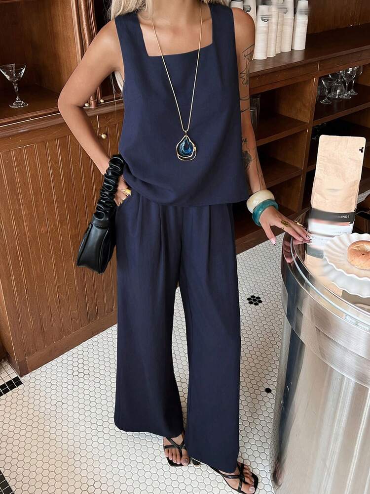 Women's Casual Solid Color Square Neck Vest And Wide Leg Pants 2 Pieces Set, Spring/Summer