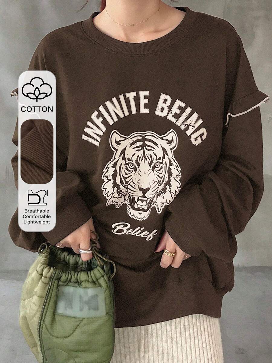 FRIFUL Sweatshirt Wanita Kerah Bulat Warna Kontras dengan Hiasan Rumbai dan Motif Hewan serta Huruf, Lapisan Termal Warna Kontras, Kostum Halloween, Musim Gugur - Mocha Brown - View 1