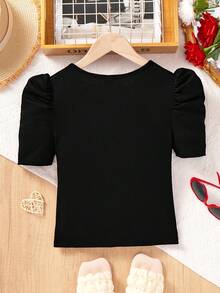 SHEIN Blusa casual de unicolor con cuello redondo y manga corta con cuentas para niñas preadolescentes - Negro - Ver 2
