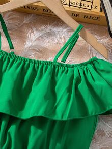 两件套少女绿色露肩短款上衣和热带树叶印花短裤套装，春夏假日 - 彩色 - 查看 5