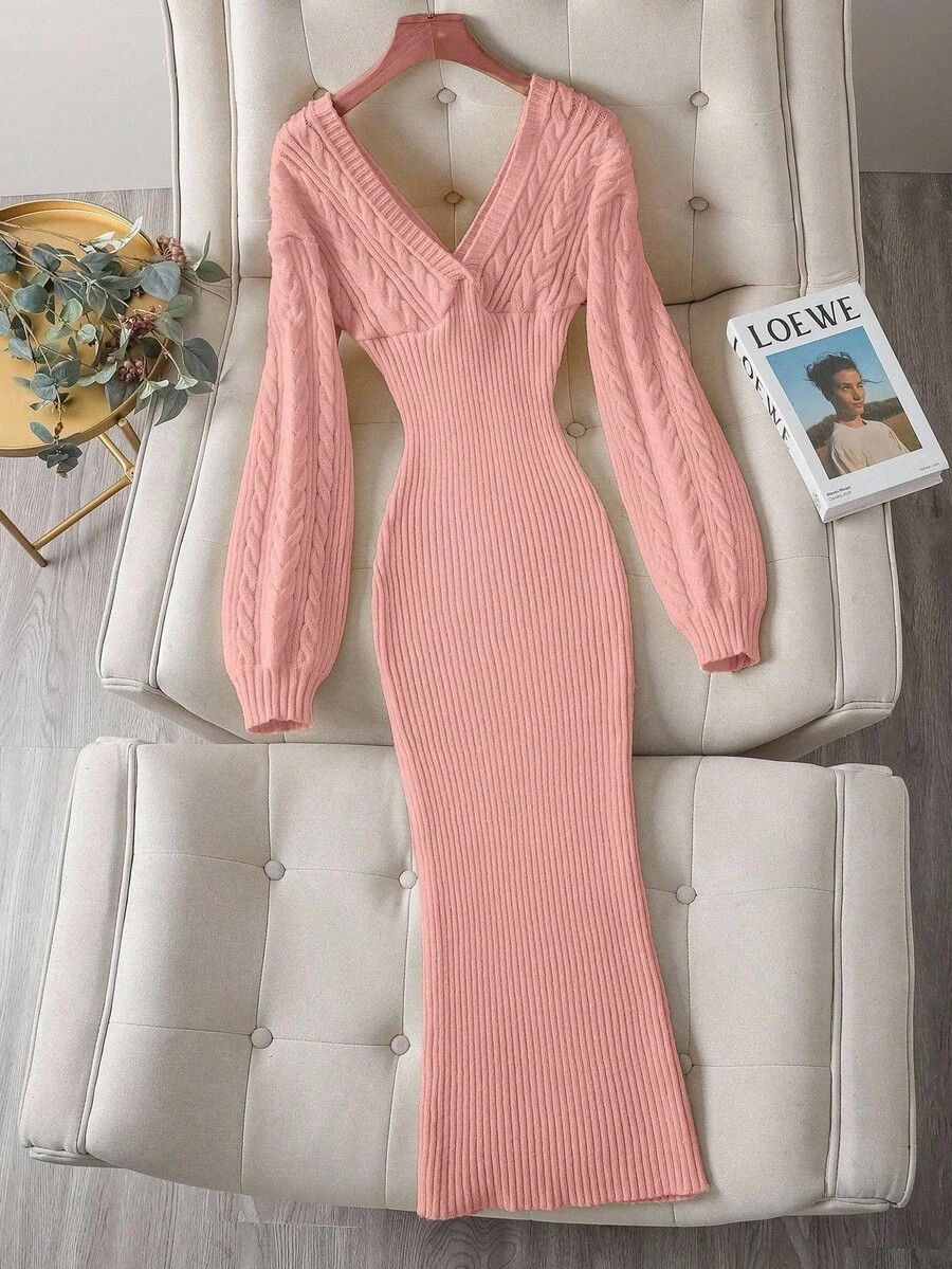 Franclia Women's Solid Color Minimalist Long Sleeve Casual Dress - Pink - View 1