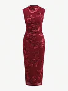 SHEIN Clasi 女士优雅提花漏斗领修身连衣裙，夏季 - 紅色 - 查看 12