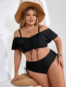 SHEIN CURVE+ 大码女士黑色荷叶边抽绳沙滩度假比基尼套装 - 黑色 - 查看 5