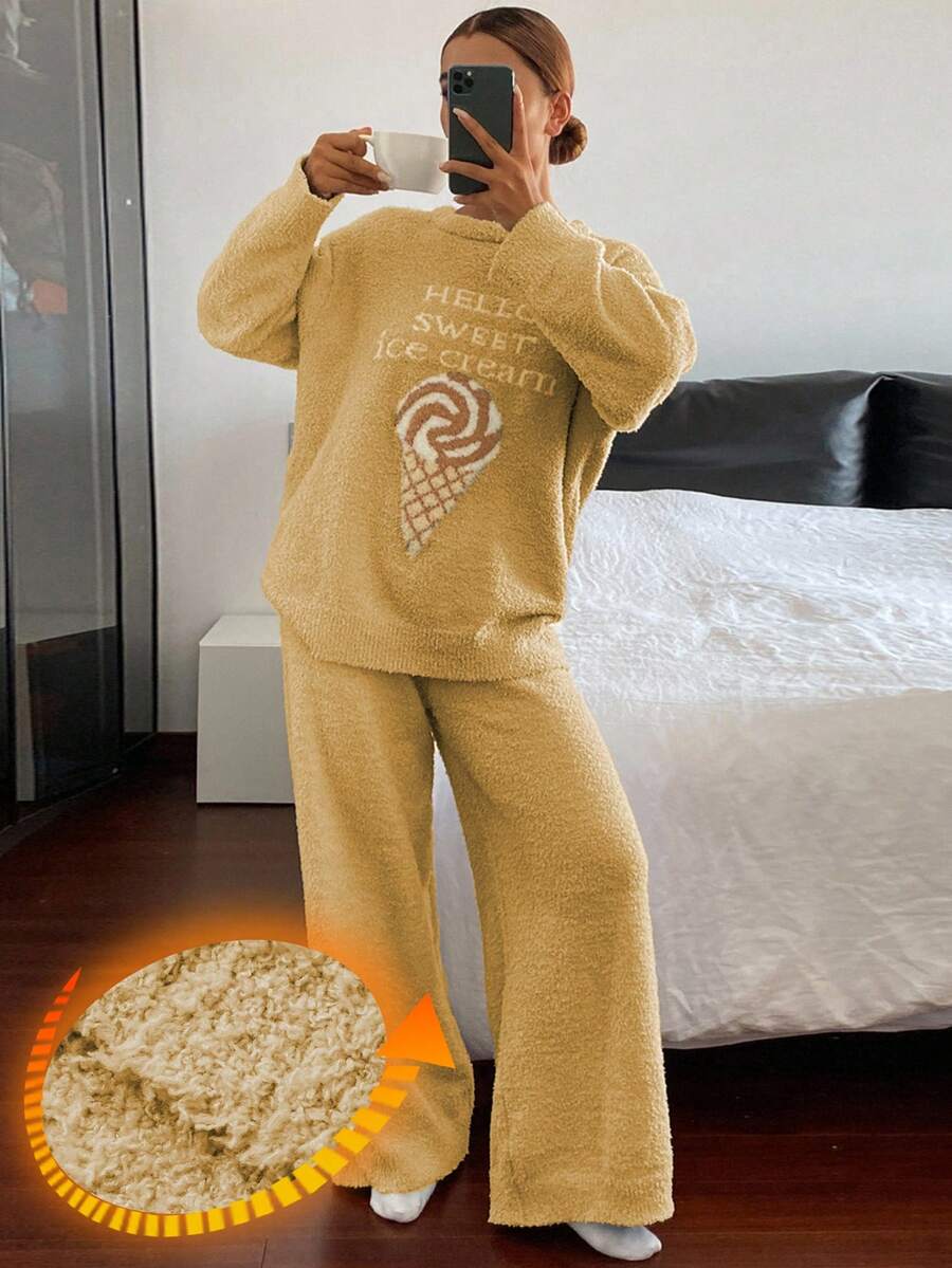 DAZY 2pcs Ice Cream Print Fleece Knit Loose Pajama Set For Women - Yellow - View 1