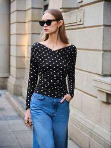 Lumivelle Valentine's Day Women's Fashionable Polka Dot Fitted Long Sleeve Elegant T-Shirt, Suitable For Work And Commute Wrap Top , Casual For Women - Black - View 5