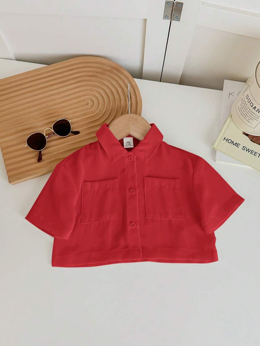 SHEIN LMoss Kids 女婴可爱白色短袖衬衫，夏季百搭 - 紅色 - 查看 1