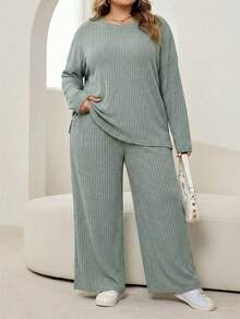 SHEIN CURVE+ Bộ đồ 2 món cỡ lớn, kiểu dáng thường ngày, màu trơn: áo và quần. - màu xanh lá - Xem 3