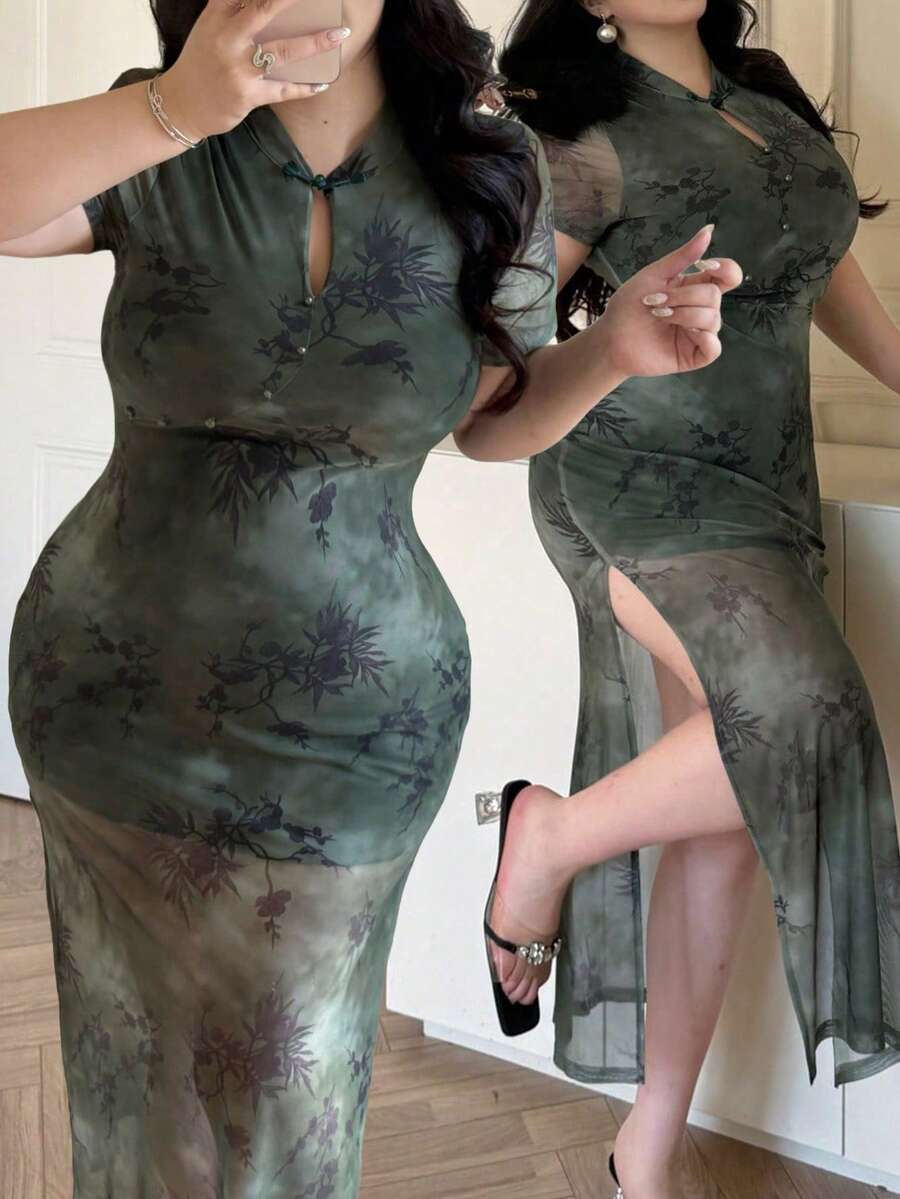 Flirla Plus Size Chinese Style Qipao Dress, Green - Green - View 1
