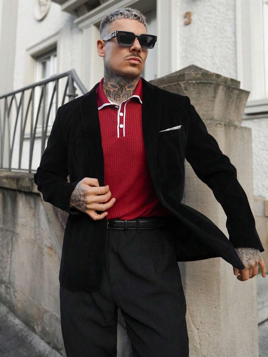 Artur Kramer Men Lapel Collar Single Button Velvet Blazer - Black - View 1