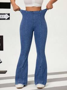 Flexra 女士纯色修身中腰休闲喇叭牛仔裤 - 藍色 - 查看 5