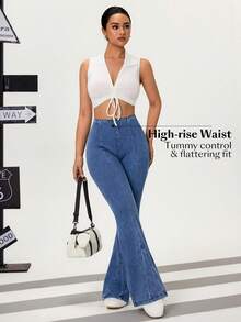 Flexra 女士纯色修身中腰休闲喇叭牛仔裤 - 藍色 - 查看 6