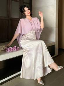 DAZY 女士优雅撞色拼接荷叶袖中国风中长连衣裙，夏季婚礼宾客礼服，复活节吊带裙 - 紫色 - 查看 7