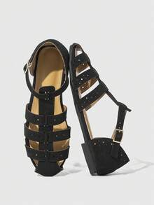 HighSole 25款春夏新款镂空编织圆头复古设计平底女鞋 - 黑色 - 查看 3