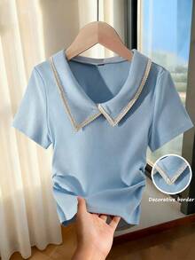Franclia Summer New Polo Collar Short Sleeve T-Shirt, Designed Waist V-Neck Knit Sweater Baby Blue Top Light Blue Top Women Tops V Neck Shirt Elegant Top Baby Blue Tops Women Tops Elegant Baby Blue Top Women V Neck Shirts Aesthetic Tops Preppy Tops Collared Tops Wavy Pattern Top Short Sleeve Top - Blue - View 1