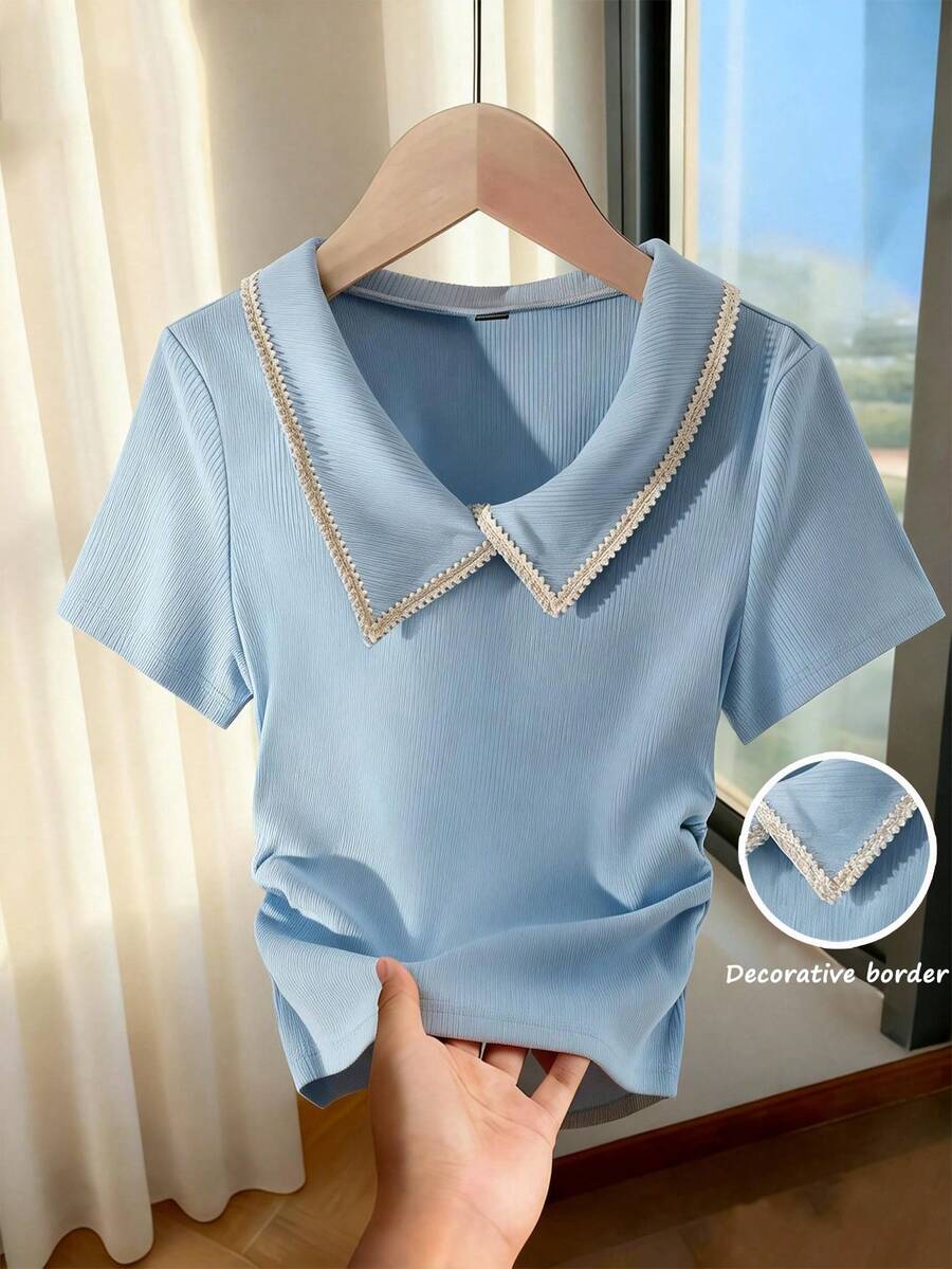 Franclia Summer New Polo Collar Short Sleeve T-Shirt, Designed Waist V-Neck Knit Sweater Baby Blue Top Light Blue Top Women Tops V Neck Shirt Elegant Top Baby Blue Tops Women Tops Elegant Baby Blue Top Women V Neck Shirts Aesthetic Tops Preppy Tops Collared Tops Wavy Pattern Top Short Sleeve Top - Blue - View 1
