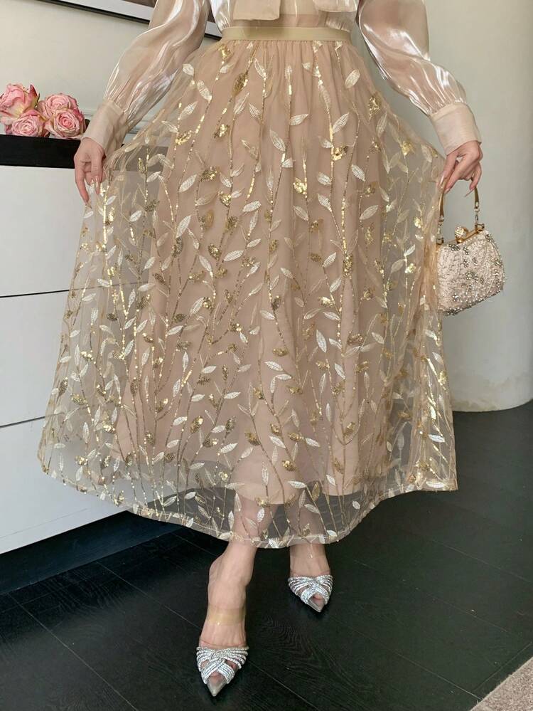 Women's Elegant Floral Embroidered Elastic Waist Skirt, Summer Spring,Wedding Guest Skirt Women