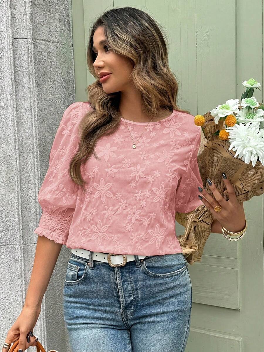 SHEIN Clasi Áo kiểu nữ cổ tròn tay lửng thêu họa tiết đục lỗ, thanh lịch, thích hợp mặc hàng ngày, đi nghỉ mát, mùa xuân/hè. - Hồng - Xem 1