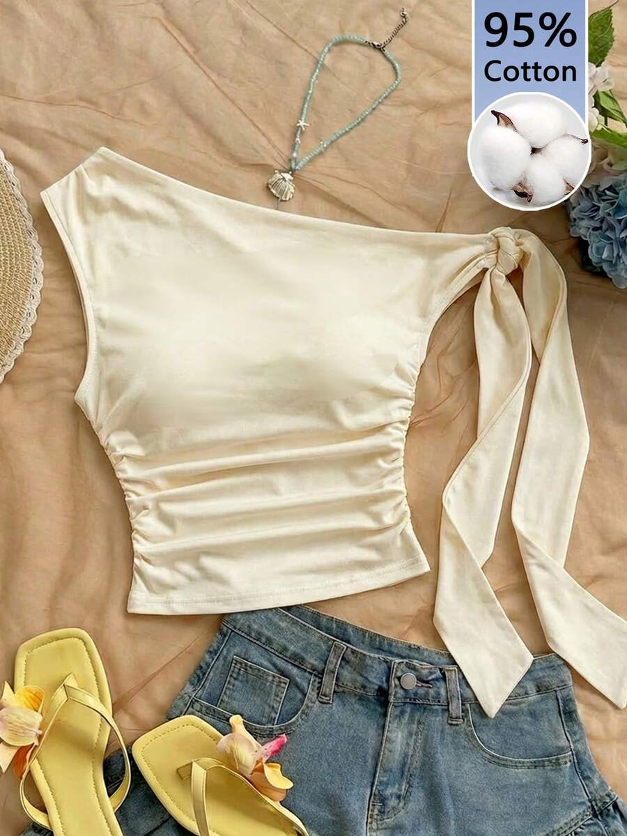 Soleia 95%纯棉奶油黄Y2K风褶皱不对称肩部女士上衣,休闲衬衫,适合女士冬季穿着,展现岛屿女孩复古风情,适合海滨度假、浪漫假期、春假、甜美清新女孩造型,也适合度假、海滩游轮、波西米亚风音乐节、演唱会、婚礼宾客、城市旅行、假日穿着,优雅春夏皆宜。 - 彩色 - 查看 1