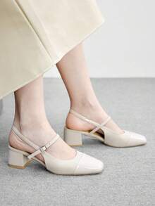 CUCCOO BIZCHIC Women's Classic Black Strap Low Heel Pumps For Christmas Spring Shoes - Rice apricot white - View 4