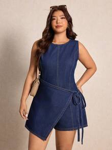 Elaquor 大码女式圆领打结设计休闲牛仔连体裤 - 深色水洗藍 - 查看 6