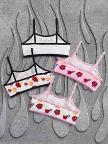 SHEIN HOT STUFF 4pcs/Set Young Girl Cartoon Pattern Contrast Binding Undershirt Top - Pink - View 2