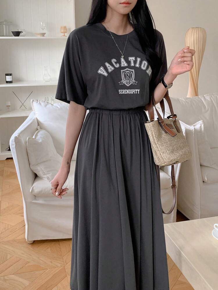 Letter Print Loose Waist Short Sleeve Dress For Women Maxi Dress
