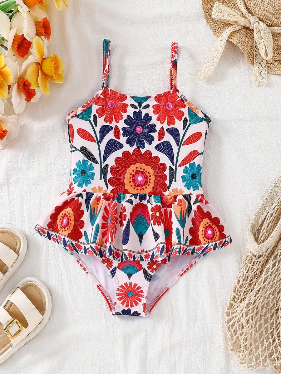 Emery Rose Kids Emery Rose Kids Young Girl Tropical Beach Ditsy Floral Print Bow Decor One-Piece Swimwear For Summer Beach Vacation, Mom And Daughter & Sisters Matching Style Matching , Matching Family Vacation , Holidays - Orange - View 1