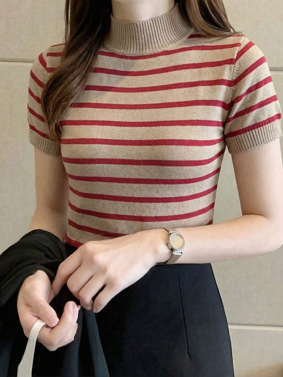 SHEIN LUNE Women's Contrast Stripe Slim Fit Turtleneck Short Sleeve Top - Khaki - View 1