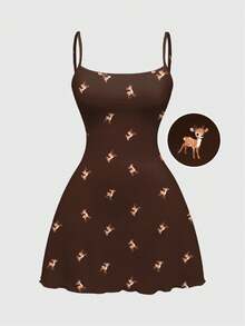 ROMWE Fairycore Váy ngắn in họa tiết hươu cổ điển dễ thương dành cho nữ, màu cà phê, thu/đông - Cà phê - Xem 1