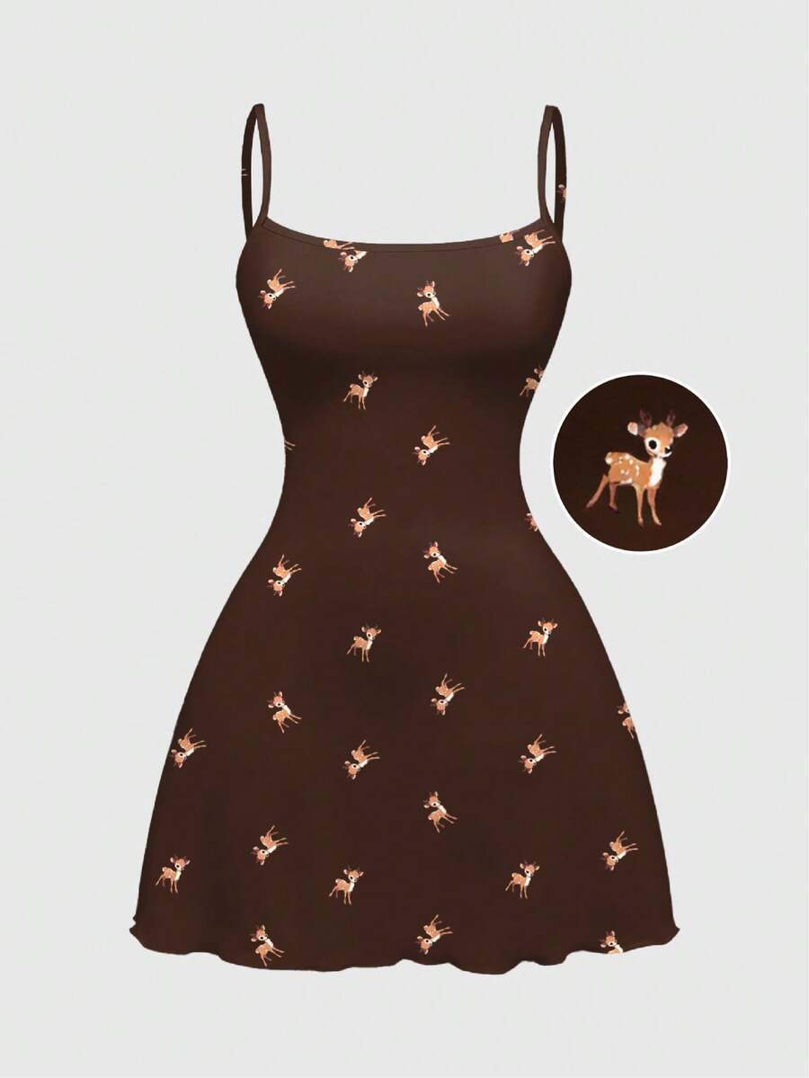 ROMWE Fairycore Váy ngắn in họa tiết hươu cổ điển dễ thương dành cho nữ, màu cà phê, thu/đông - Cà phê - Xem 1