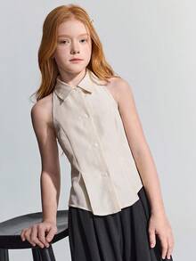 Ontre Tween Girl Apricot Striped Fitted Turndown Collar Sleeveless Casual Shirt - Apricot - View 5