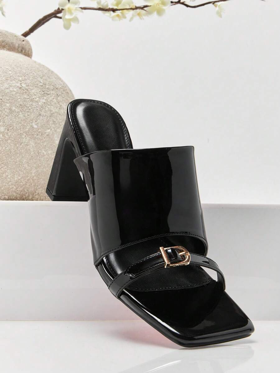 SHUZIA Giày sandal nữ gợi cảm mũi vuông gót vuông kiểu slip-on - màu đen - Xem 1