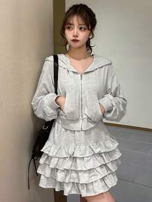 FRIFUL Women Metal Zipper Hoodie And Layered Ruffle Hem Mini Skirt 2 Pieces Set - Grey - View 3