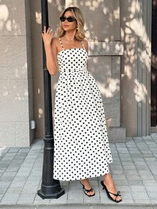 SHEIN PariChic Women's French Style Vacation Casual Polka Dot Print Spaghetti Strap Dress, Spring/Summer - White - View 3