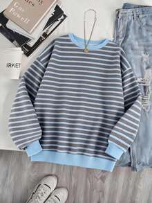 Resyla Modna, uniwersalna bluza w paski w koreańskim stylu, odpowiednia na odzież wierzchnią, do fotografii, na kemping, na jesień i zimę, do szkoły, damska, z okrągłym dekoltem - Wielokolorowe - Zobacz 5