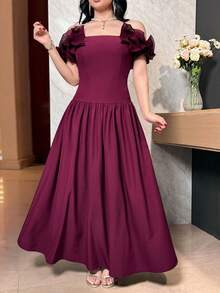 Feyla 女士优雅露肩荷叶边连衣裙，适合派对穿着 - 酒紅色 - 查看 5