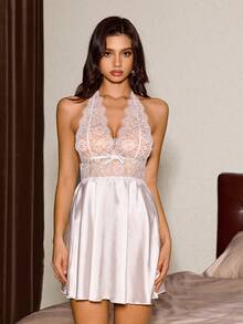 2pcs Women Sexy Satin Robe And Nightgown Set, White Lace Halter Backless Nightgown Suit
